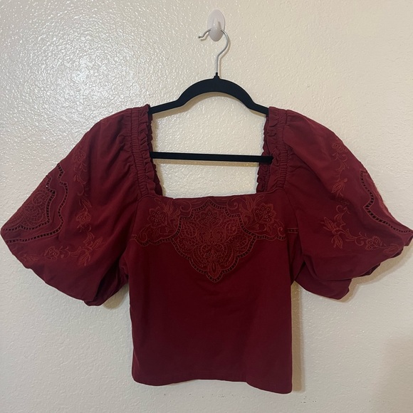 Express Tops - Express Puff Sleeve Burgundy Blouse with Embroidered Details